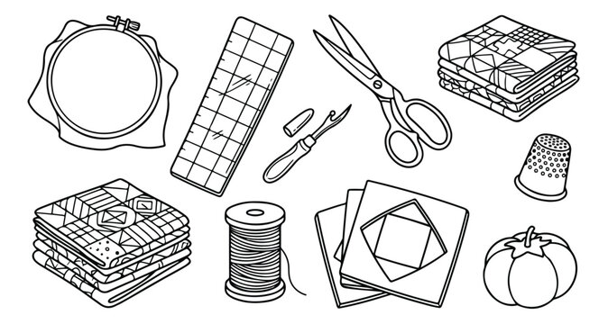 Quilting and Sewing Craft Supplies Vector Set, Hand-Drawn Black and White Line Art Illustration, DIY Hobby Tools Collection for Textile Projects, Fabric Arts, and Needlework Design