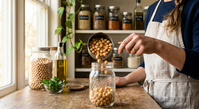 Person pouring chickpeas into a glass jar for sustainable pantry storage in a rustic kitchen with natural light. Healthy food prep.