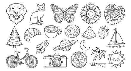 Minimalist outline vector icon set, 20 black and white line art illustrations, travel, nature, and animal themed graphic resources, perfect for web design and print projects. © Asma