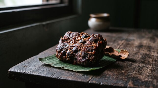 Raw Tamarind Asam Jawa Block on Banana Leaf with Dramatic Window Light, Side View