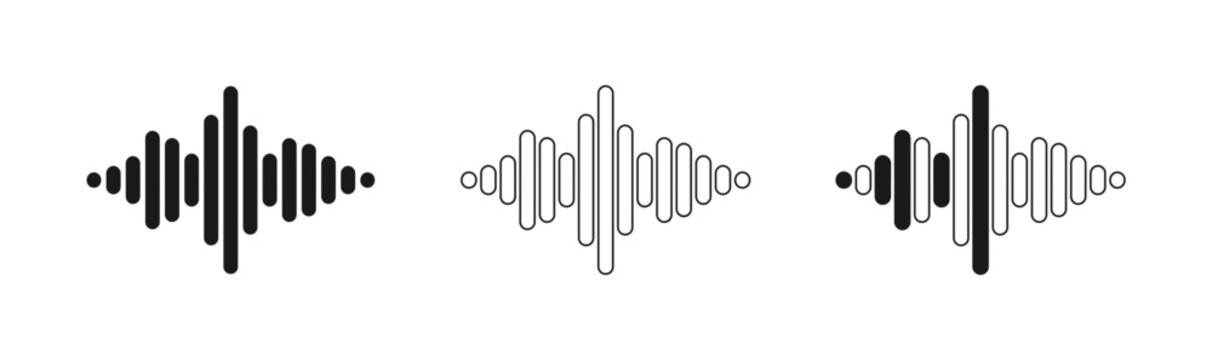 Sound wave variations black and white linear icons for audio music and signal representation