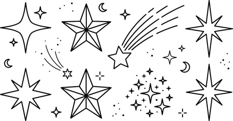 Star and celestial icon set with shooting stars falling comets sparkles crescent moons night sky linear outline elements © MD