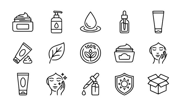 Facial Cosmetics Outline Icon Set with Organic Skincare and Hydration Symbols