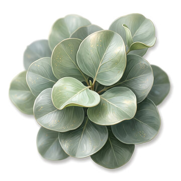  Highly Detailed Digital Illustration of a Silver Dollar Eucalyptus Plant with Glossy Circular Leaves on White Background