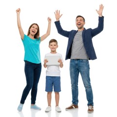 Obraz premium Happy Family Celebrating Child Achievement Isolated on White