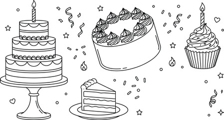 Birthday cake icon set with tiered dessert stands cupcakes slices confectionery sprinkles confetti and celebration outline linear elements © Hafizul