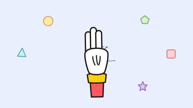 Animated cartoon hand counts from one to two fingers on a light blue background, showing gestures for numbers surrounded by colorful geometric shapes in a simple, flat design.