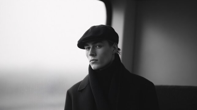 Chic young man in a monochrome portrait aboard a train embodying urban sophistication and deep thought