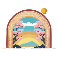 Fototapeta premium Oriental Arch with Cherry Blossoms and Mountain Landscape