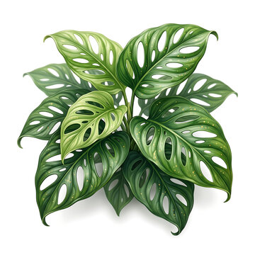 Highly Detailed Digital Illustration of a Monstera Adansonii Plant with Fenestrated Leaves on White Background