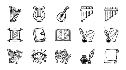 Fototapeta premium Vintage Musical Instruments, Books, Scrolls, and Masque Icons Set