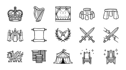 Fototapeta premium Mythical & Historic Icons: Crown, Harp, Stage, Stonehenge, Dragon, Swords, Throne