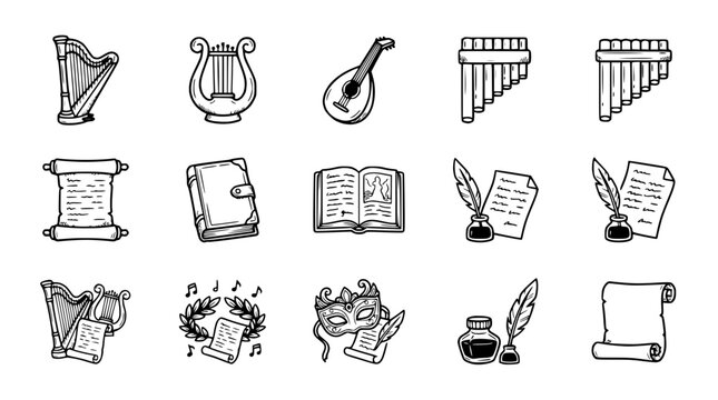 Vintage Musical Instruments, Books, Scrolls, and Masque Icons Set