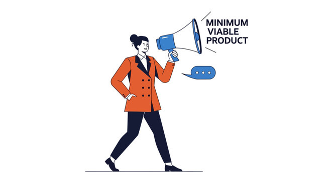 Businessman holding megaphone with minimum viable product text.
