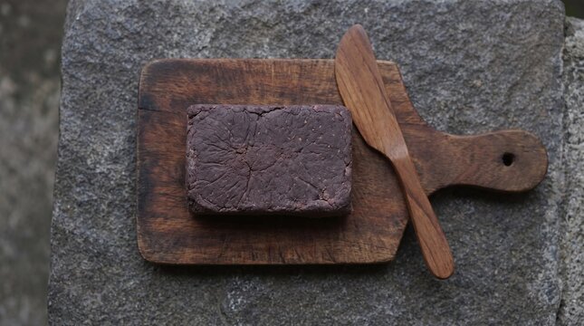 Raw Terasi Indonesian Shrimp Paste Block on Wooden Board with Spatula on Stone