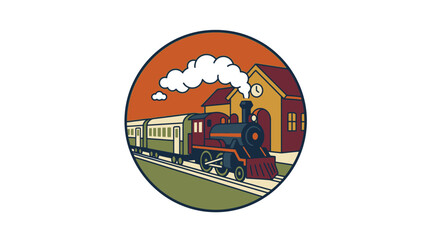 Vintage steam locomotive train in circular badge design. © Jakun