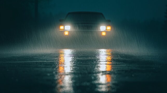 Atmospheric nighttime view featuring wet pavement illuminated by motorcycle headlights and a car during a rainstorm