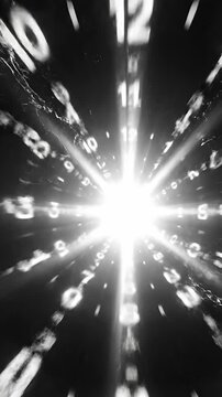 Abstract time tunnel with floating clock numbers and lights.