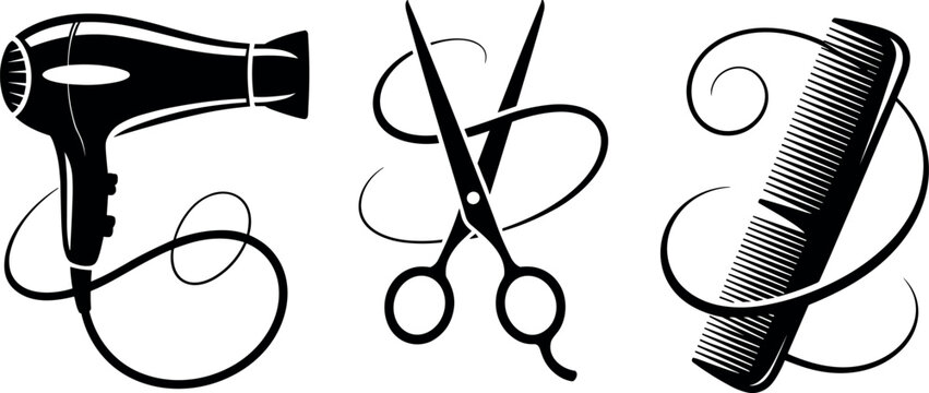 Hair salon black silhouette vector set featuring hair dryer scissors and comb tools with wavy strand decorative elements