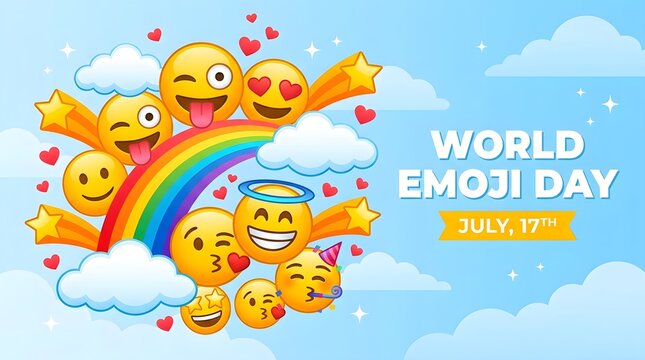 A colorful illustration celebrating World Emoji Day on July 17th with various happy emojis and a rainbow