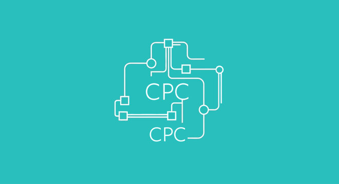 Abstract CPC Network Diagram with Circuit Elements on Teal Background