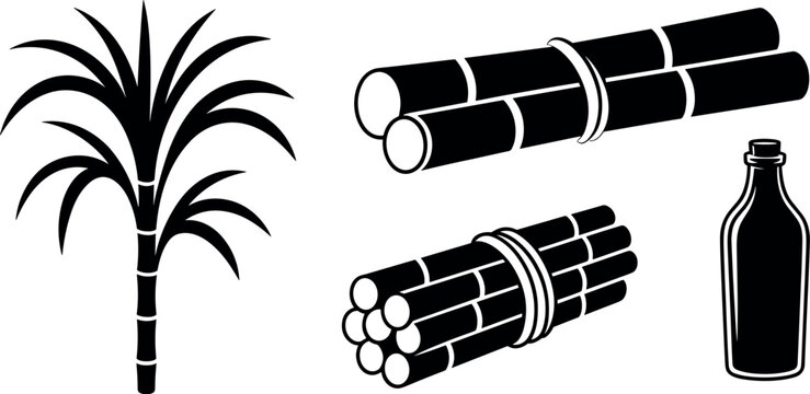 Sugarcane plant stalk bundle and juice bottle silhouette icon set vector illustration for agriculture sweet sugar syrup production concept