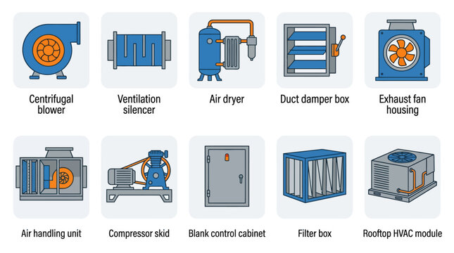 Industrial HVAC and Ventilation System Icon Set, Vector Diagrams of Air Handling Unit, Compressor, Blower, and Rooftop Module for Engineering Infographics and Presentation Materials