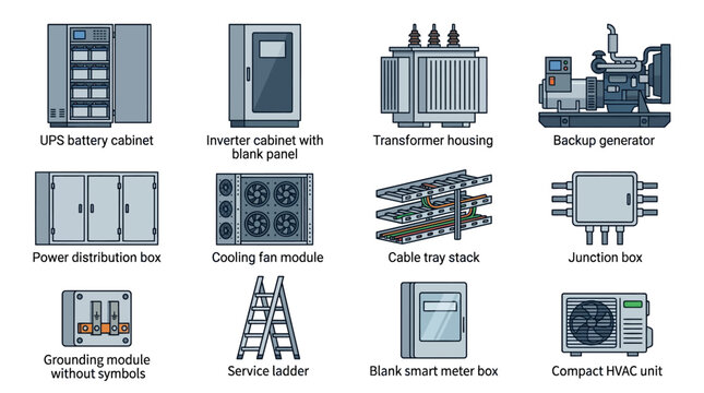Electrical power equipment vector icon set with industrial generator transformer UPS battery cabinet HVAC unit junction box and cable tray for engineering infographics and technical design
