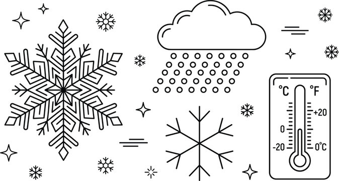 Winter weather icon set with intricate snowflakes cold thermometer freezing temperature hail storm clouds and linear outline elements