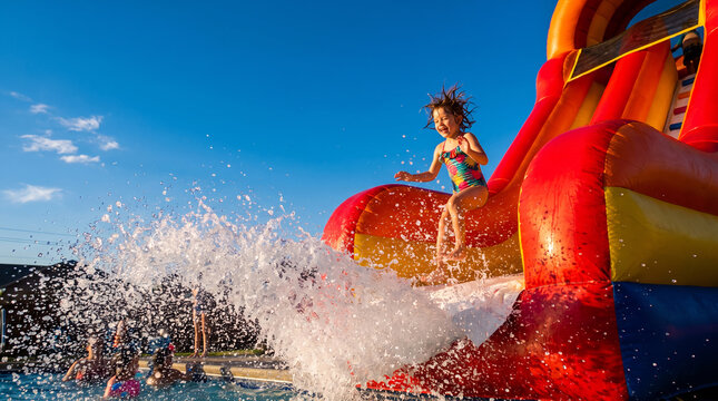 Young girl in colorful swimsuit, with a bright water splash exploding around her, sliding down a large inflatable slide, into a backyard swimming pool, action photography