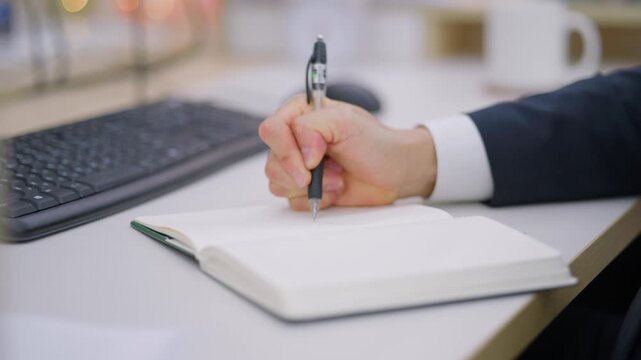 A close-up of a businessman's hand writing in a notebook with a pen on a desk beside a keyboard in a professional office setting.