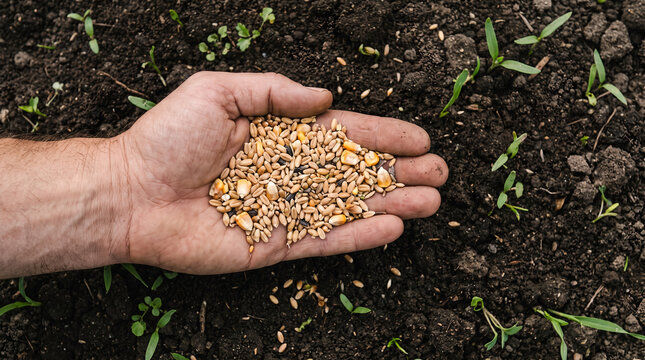 Hand holding mixed agricultural grains and seeds, over dark fertile soil with small green sprouts, close-up shot, farming background, agriculture photography
