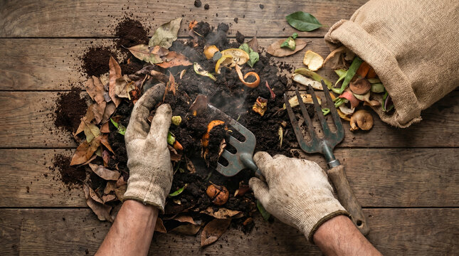 Gloved hands using a garden fork, mixing organic food waste and dry leaves, top-down perspective, wooden table surface, sustainable composting category