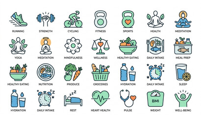 Fototapeta premium Healthy Lifestyle Fitness and Wellness Editable Stroke Line Icons Vector Pack