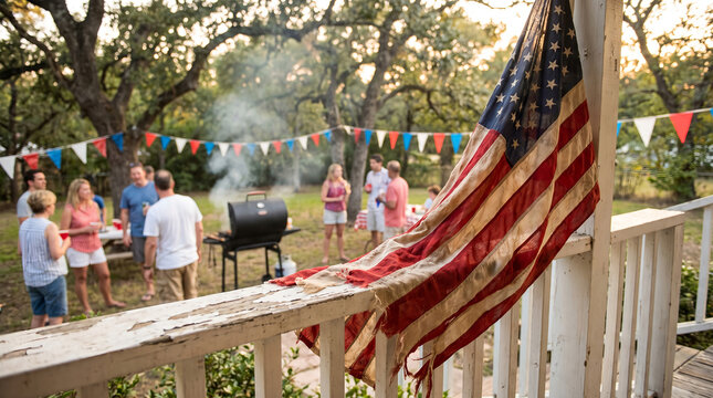 Tattered American flag, with weathered fabric texture draped over a wooden railing, hanging stationary, in a blurred family barbecue backyard, patriotic holiday photography