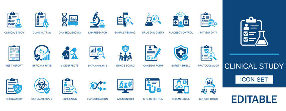 Clinical study icon set. Featuring medical research, dna sequencing, lab trial, placebo control, patient data analysis, consent form, and safety shield symbols.
