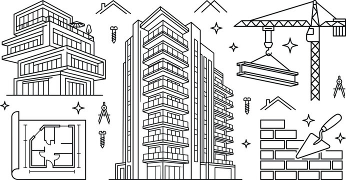 Construction and architecture icon set with high rise buildings crane blueprint floor plan brick wall and linear elements