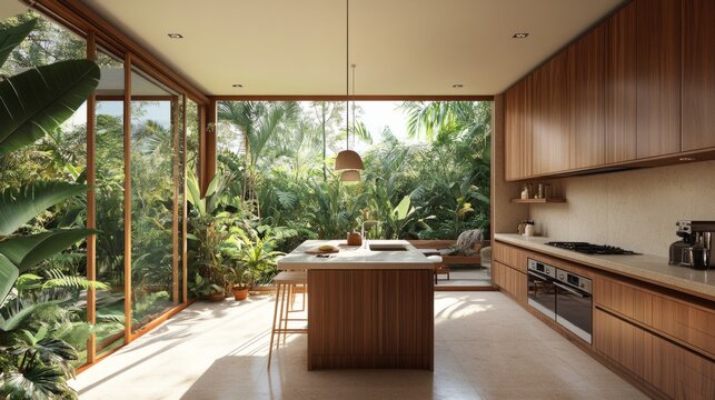 Modern tropical kitchen, natural wood cabinetry, large garden views, soft daylight generative ai