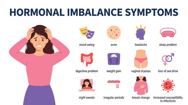 Stressed woman showing various common physical and emotional signs of hormonal imbalance health issues depicted through professional colorful vector icons and educational infographic elements presente