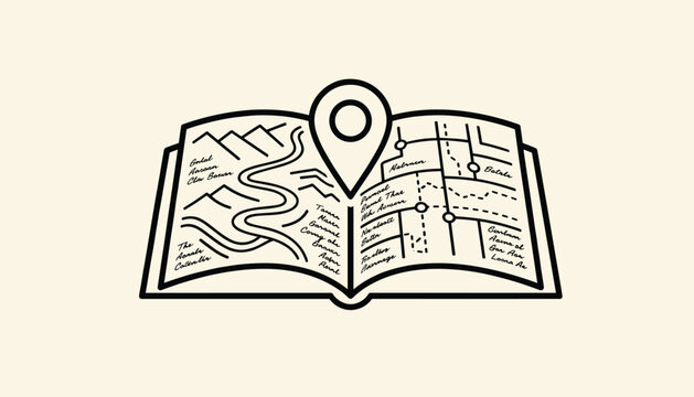 Open atlas map book with a prominent location pin pointer icon in the center indicating specific travel destination.