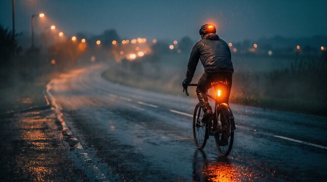 Rear view of a cyclist with reflective gear riding bicycle on a wet road at night, showcasing safety lights and low visibility conditions.