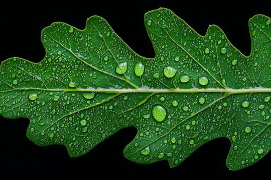 Fresh Green Leaf with Water Droplets on Black Background Highlighting Nature's Beauty and Detail
