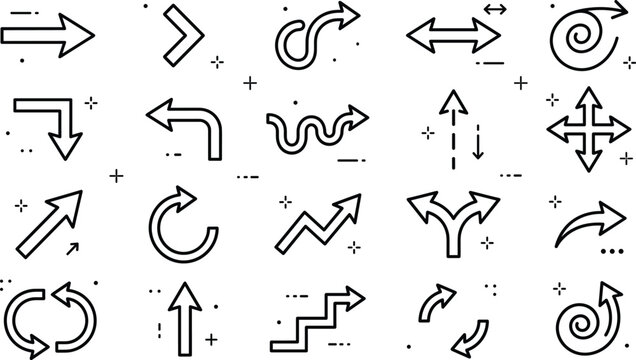 Directional arrow navigation icon set with curved pointers wavy loops zig zag lines steps and outline interface elements