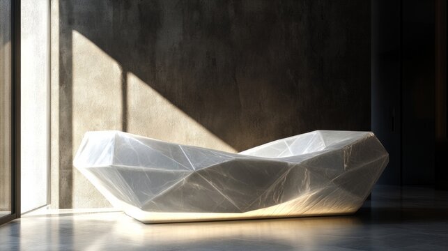 Neo-futurist bathroom, sculptural bathtub, illuminated stone textures, organic geometry generative ai