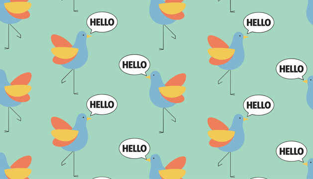 Quirky seamless pattern of cute blue birds with colorful wings saying hello in speech bubbles on mint backdrop.