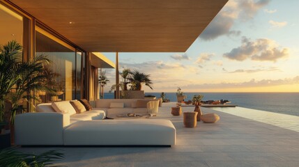 Fototapeta premium Oceanfront terrace, modern lounge furniture, endless sea backdrop, golden hour light generative ai