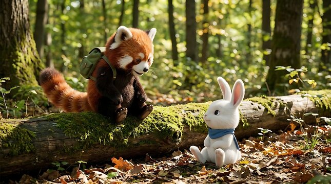 Cute stuffed animals red panda and bunny in a forest setting