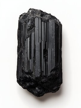 Glossy Black Tourmaline Crystal with Unique Formation and Textured Surface on White Background
