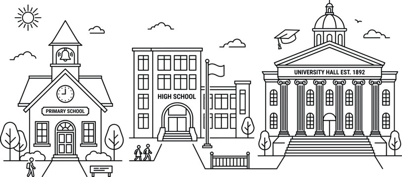 Education building banner set with primary school high school and historic university hall campuses in line outline style