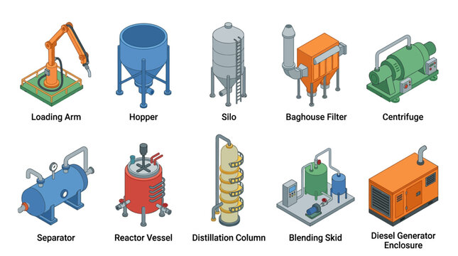 Isometric Industrial Processing Machinery Icon Set Vector featuring chemical plant equipment like silo reactor vessel centrifuge and generator for factory infographics design